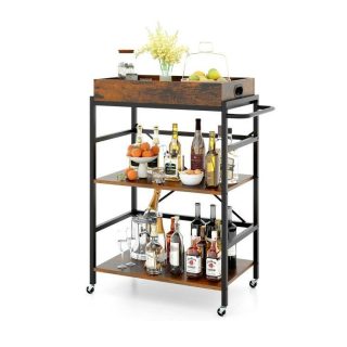 Baker’s Racks | 3-Tier Industrial Bar Cart with Detachable Tray for Kitchens Rustic Brown Baker's Racks Baker's Racks