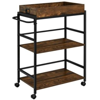 Baker’s Racks | 3-Tier Kitchen Serving Bar Cart with Lockable Casters and Handle Rack for Home Pub Rustic Brown Baker's Racks Baker's Racks