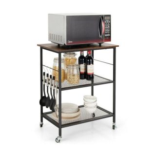 Baker’s Racks | 3-Tier Kitchen Serving Cart Utility Standing Microwave Rack with Hooks Brown Baker's Racks Baker's Racks