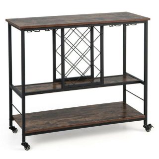 Baker’s Racks | 3-Tier Wine Bar Cabinet with 8 Bottles Rack and 12 Glasses Hanger Rustic Brown Baker's Racks Baker's Racks