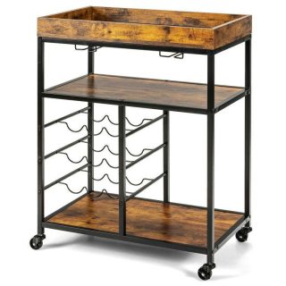 Baker’s Racks | 3-Tier Wood Rolling Kitchen Serving Cart with 9 Wine Bottles Rack Metal Frame Rustic Brown Baker's Racks Baker's Racks