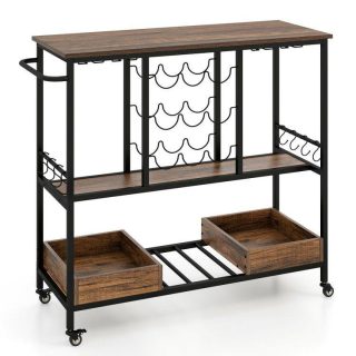 Baker’s Racks | 3 Tiers Bar Cart on Wheels with Glass Racks Rustic Brown Baker's Racks Baker's Racks