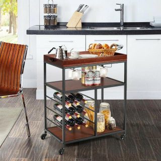 Baker’s Racks | 3 Tiers Storage Bar Serving Cart with Wine Rack Brown Baker's Racks Baker's Racks