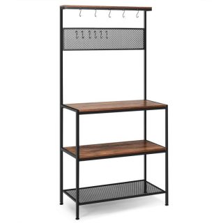 Baker’s Racks | 4-Tier Kitchen Rack Stand with Hooks and Mesh Panel Black, Brown Baker's Racks Baker's Racks