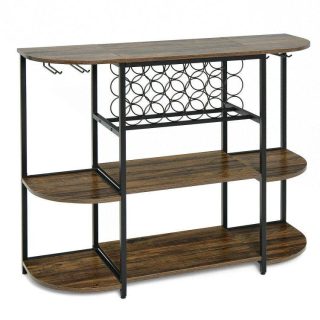 Baker’s Racks | 47 Inches Wine Rack Table with Glass Holder and Storage Shelves Rustic Brown Baker's Racks Baker's Racks