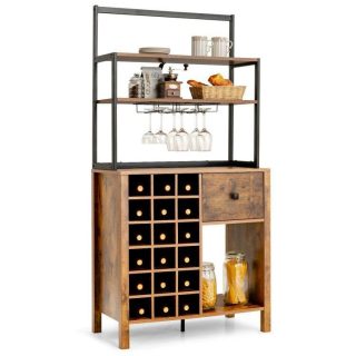 Baker’s Racks | Kitchen Bakers Rack Freestanding Wine Rack Table with Glass Holder and Drawer Rustic Brown Baker's Racks Baker's Racks