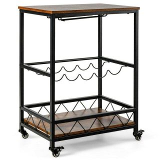 Baker’s Racks | Kitchen Bar Cart Serving Trolley on Wheels with Wine Rack Glass Holder Rustic Brown Baker's Racks Baker's Racks