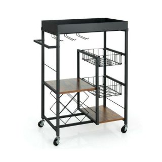 Baker’s Racks | Kitchen Island Cart on Wheels with Removable Top and Wine Rack Rustic Brown Baker's Racks Baker's Racks