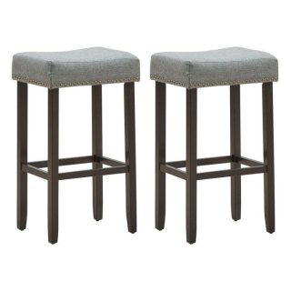 Bar Stools | 2 Pieces 29 Inch Backless Counter Height Stools with Brass Nail Head Studs Gray Bar Stools Bar Stools