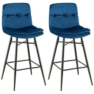 Bar Stools | 2 Pieces 29 Inch Velvet Bar Stools Set with Tufted Back and Footrests Blue Kitchen & Dining Bar Stools