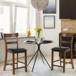 Bar Stools | 2 Pieces Counter Height Chair Set with Leather Seat and Rubber Wood Legs Brown, Black Bar Stools Bar Stools