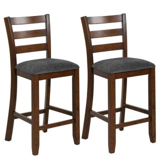 Bar Stools | 2 Pieces Counter Height Chairs with Fabric Seat and Rubber Wood Legs Grey, Brown Bar Stools Bar Stools