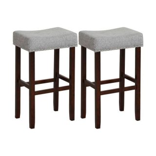 Bar Stools | 2 Set of 29 Inch Height Upholstered Bar Stool with Solid Rubber Wood Legs and Footrest Gray Bar Stools Bar Stools