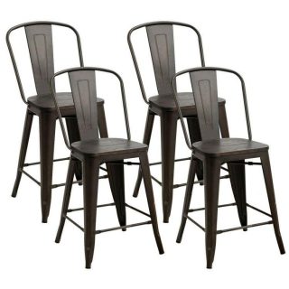 Bar Stools | 24 Inch Set of 4 Industrial Metal Counter Stool Dining Chairs with Removable Backrests Dark Brown Bar Stools Bar Stools