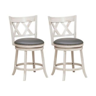 Bar Stools | 25.5 Inch Hand-Antiqued Stool Set of 2 with Wider Padded Seat White Bar Stools Bar Stools