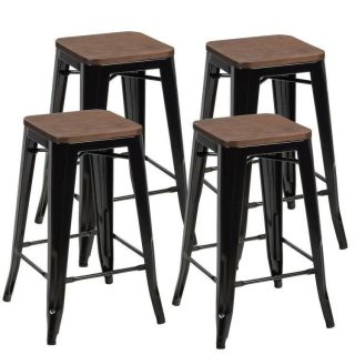 Bar Stools | 26 Inch Set of 4 Counter Height Backless Barstools with Wood Seats Black Bar Stools Bar Stools