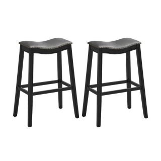 Bar Stools | 29 Inch Set of 2 Backless Wood Nailhead Barstools with PVC Leather Seat Black Bar Stools Bar Stools