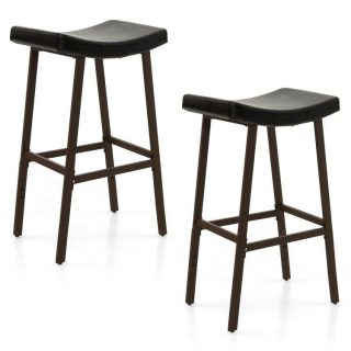 Bar Stools | Bar Stools Set of 2 with PU Leather Upholstered Saddle Seat and Footrest Brown Bar Stools Bar Stools