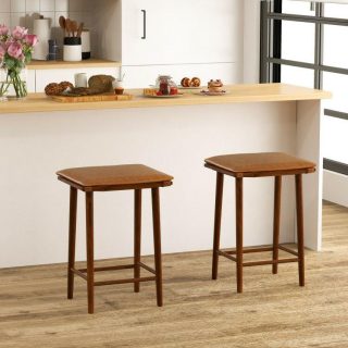 Bar Stools | Set of 2 25.5 Inch Barstools with Removable Cushion and Footrest Brown Bar Stools Bar Stools