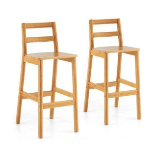 Bar Stools | Set of 2 28 Inch Rubber Wood Armless Bar Stools with Backrest and Footrest Natural Bar Stools Bar Stools