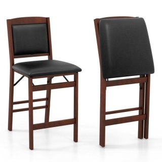 Bar Stools | Set of 2 Folding Kitchen Island Stool with Rubber Wood Legs Brown Bar Stools Bar Stools