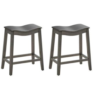 Bar Stools | Set of 2 PU Leather Saddle Bar Stools with Rubber Wood Legs Grey Bar Stools Bar Stools