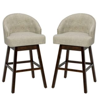 Bar Stools | Set of 2 Swivel Bar Stools with Rubber Wood Legs and Padded Back Beige Bar Stools Bar Stools