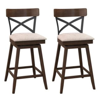 Bar Stools | Set of 2 Wooden Swivel Bar Stools with Cushioned Seat and Open X Back Bar Stools Bar Stools