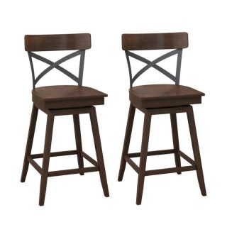 Bar Stools | Set of 2 Wooden Swivel Bar Stools with Open X Back and Footrest Brown + Black Bar Stools Bar Stools