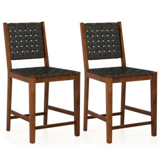 Bar Stools | Set of 2 Woven Bar Stools with Faux PU Leather Straps Black Bar Stools Bar Stools