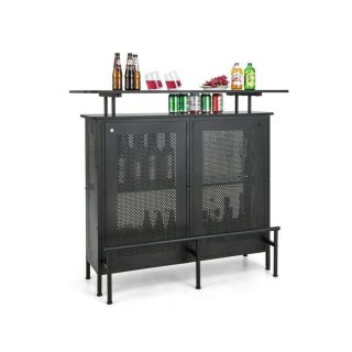 Bar Tables | 4-Tier Liquor Bar Table with 6 Glass Holders and Metal Footrest Black Bar Tables Bar Tables