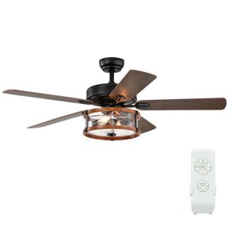 Ceiling Fans | 52 Inch Retro Ceiling Fan Lamp with Glass Shade Reversible Blade Remote Control Black Ceiling Fans Black