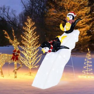 Christmas | 4 Feet Christmas Penguin Ice Skating Decor with Snowy Slide Black+White+Yellow Christmas Black+White+Yellow