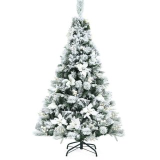 Christmas | 5 Feet Snow Flocked Hinged Christmas Tree with Berries and Poinsettia Flowers White Christmas Christmas