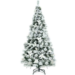 Christmas | 6 Feet Snow Flocked Hinged Christmas Tree with Berries and Poinsettia Flowers White Christmas Christmas