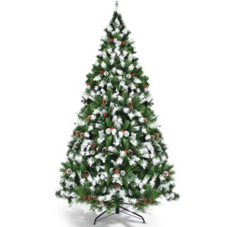 Christmas | 6/7.5/9 FT Pre-lit Snow Flocked Christmas Tree with Red Berries and 8 Lighting Modes Green Christmas Christmas