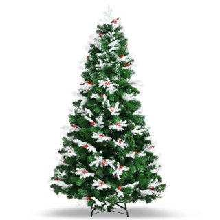 Christmas | 6/7 Feet Unlit Snowy Christmas Tree with Mixed Tips and Red Berries Green+White Christmas Christmas