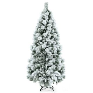 Christmas | Flocked Hinged Artificial Slim Christmas Tree with Pine Needles White Christmas Christmas