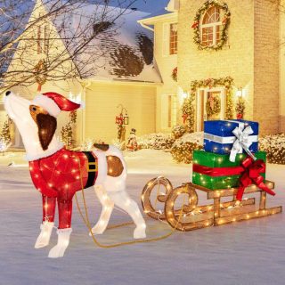 Christmas | Outdoor Pre-lit Xmas Dog and Sleigh with 170 Warm Bright Lights for Porch Multicolor Christmas Christmas