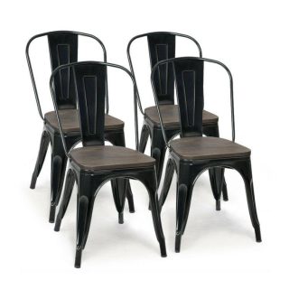 Dining Chairs | 18 Inch Set of 4 Stackable Metal Dining Chair with Wood Seat Black Dining Chairs Black