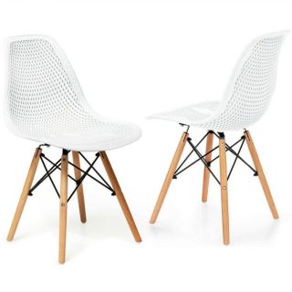 Dining Chairs | 2 Pieces Modern Plastic Hollow Chair Set with Wood Leg White Dining Chairs Dining Chairs