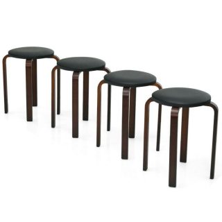 Dining Chairs | 4-Pack Bentwood Stack Stools with PU Leather Round Top Black Dining Chairs Black