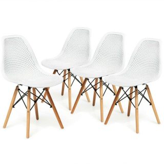 Dining Chairs | 4 Pieces Modern Plastic Hollow Chair Set with Wood Leg White Dining Chairs Dining Chairs