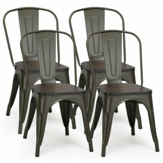 Dining Chairs | 4 Pieces Tolix Style Metal Dining Chairs with Stackable Wood Seat Dark Brown Dining Chairs Dark Brown