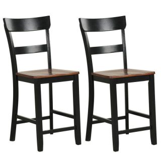 Dining Chairs | Farmhouse Dining Bar Stool Set of 2 with Solid Rubber Wood Frame Black Dining Chairs Black