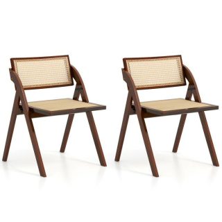 Dining Chairs | Foldable Dining Chairs Set of 2 with Woven Rattan Backrest Brown Dining Chairs Brown