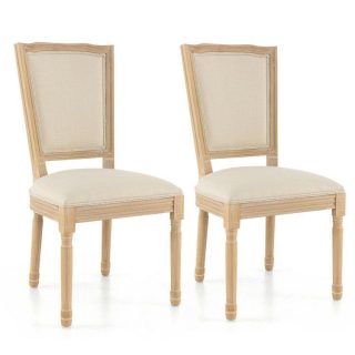 Dining Chairs | French Dining Chair Set of 2 with Rectangular Backrest and Solid Rubber Wood Frame Beige Dining Chairs Beige