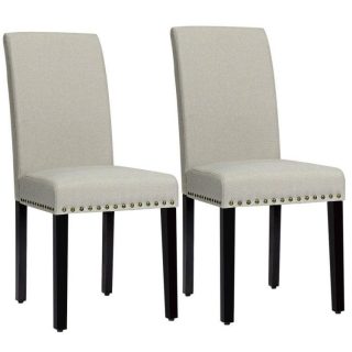 Dining Chairs | Set of 2 Fabric Upholstered Dining Chairs with Nailhead Beige Dining Chairs Beige