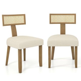 Dining Chairs | Set of 2 Linen Fabric Upholstered Accent Dining Chairs with Curved Rattan Backrests Beige Dining Chairs Beige