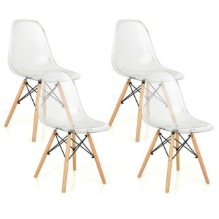 Dining Chairs | Set of 4 Dining Chairs Modern Plastic Shell Side Chair with Clear Seat and Wood Legs Natural Dining Chairs Dining Chairs